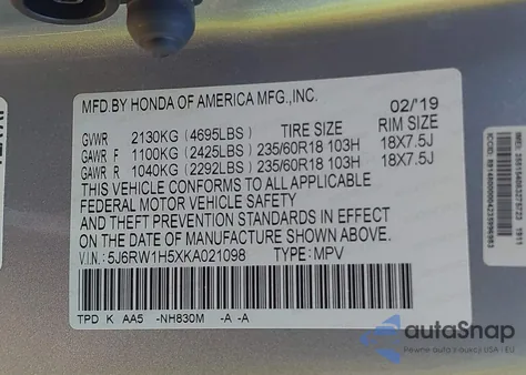 2019 Honda Cr-V Ex z USA, uszkodzony, nr VIN 5J6RW1H5XKA021098